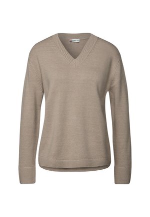 Maglione beige lavorato a maglia con scollatura a V, maniche lunghe, orli a coste e vestibilità morbida. La texture del tessuto appare morbida e leggera.