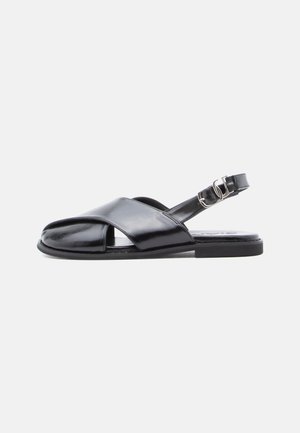 Black leather sandals with crossed straps and an open toe. Features a slingback with an adjustable buckle and a flat rubber sole.