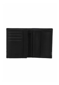 Black leather wallet featuring multiple card slots, a zippered coin pocket, and a smooth texture. Sleek, compact rectangular design.