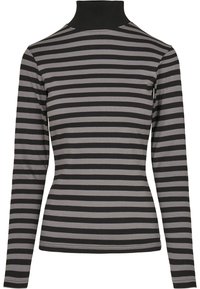 Stribet sort og grå langærmet turtleneck-top med en glat tekstur og tætsiddende design. Enkel krave og side-sømme.
