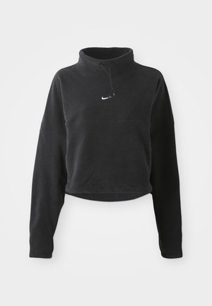 Pulover negru scurt din fleece, cu mâneci lungi, guler înalt, șnur și un mic logo alb Nike swoosh pe piept.