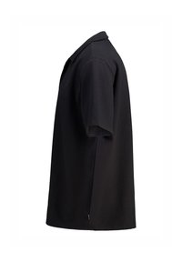 Black short-sleeve polo shirt, textured fabric, buttoned collar, side slits, straight hem, relaxed fit, shown from the right side view.