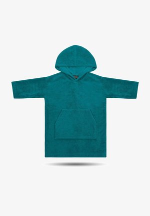 Teal-farbene Fleece-Hoodie-Kleid mit langen Ärmeln, einer Fronttasche und einer Kapuze. Besitzt eine weiche Textur und ist geeignet für den lässigen Gebrauch.