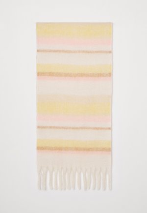 Ullsjal med horisontale striper i lys gul, rosa og beige, med frynser i kantene og en myk, teksturert overflate.