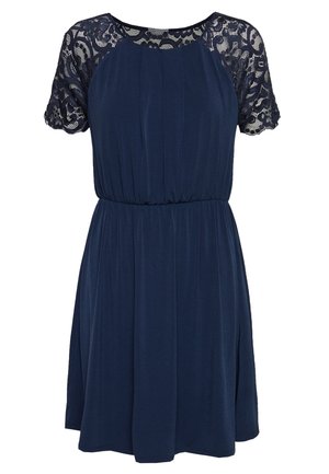 Marineblauwe jurk met korte kanten mouwen, ronde halslijn, geplooide taille en vloeiende rok.