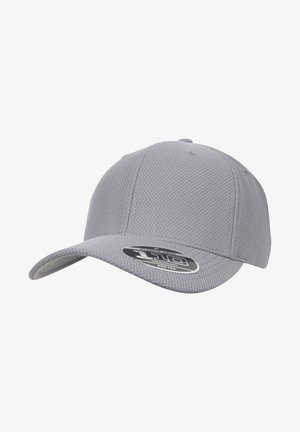 Grau gestellte Kappe aus strukturiertem Stoff mit gebogenem Schirm. Verfügt über ein schwarzes, rundes Logo-Patch auf der Vorderseite mit "110" und "Flex Fit Tech."