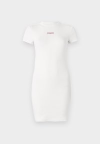 White short-sleeve dress with a high neckline, made of ribbed fabric. Features a small red logo on the chest. Bodycon fit, knee-length.