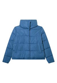 Blue puffer jacket with high collar, horizontal quilting, and front welt pockets, laid flat on a white background.
