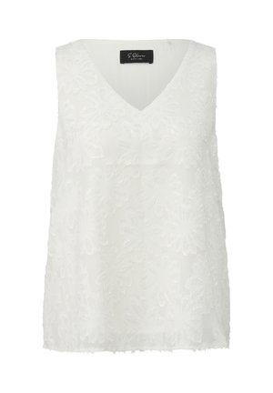 Weißes ärmelloses V-Ausschnitt-Top mit strukturiertem Blumenmuster und S.Oliver Black Label-Etikett im Kragen.