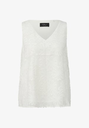 Biały bezrękawnik z dekoltem w serek, z teksturowanym kwiatowym wzorem i metką S.Oliver Black Label wewnątrz kołnierza.