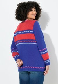 Gebreide trui in blauw, rood en roze. Heeft zigzagpatronen op de mouwen en het lijf. Zachte textuur, losse pasvorm, ribgebreide manchetten en onderkant.