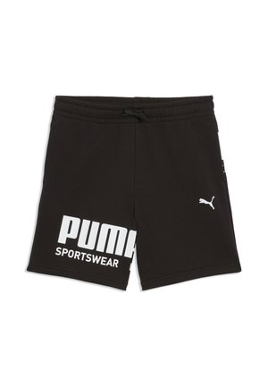 Czarne sportowe spodenki Puma z elastycznym pasem, sznurkiem do regulacji oraz białym logo i napisem Puma na lewej nogawce.