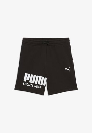 Shorts de sport noirs Puma avec ceinture élastique, cordon de serrage et logo Puma blanc avec texte sur la jambe gauche.