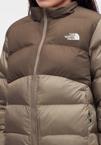 Καφέ και μπεζ φουσκωτό μπουφάν North Face με φερμουάρ, με εμφανές λογότυπο στο στήθος, φορεμένο από άτομο με σκούρα μαλλιά και ουδέτερο χρώμα χειλιών.