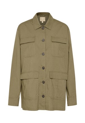 Giacca utility verde oliva con bottoni, realizzata in tessuto testurizzato, dotata di quattro tasche frontali e un design del colletto classico.