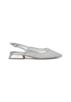 Silver slingback shoes with a pointed toe, transparent mesh upper, small decorative studs, and a low block heel.