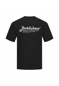 Camiseta de algodón negra con logo y texto impreso en blanco en la parte posterior, de mangas cortas y diseño clásico de corte recto.