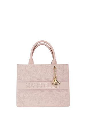 Borsa tote rosa blush con motivi floreali in rilievo, doppio manico, logo "MARC ELLIS" e ciondolo con lettera in tono oro appeso a una maniglia.