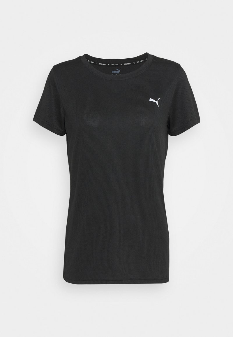 T-shirt preta de manga curta com gola redonda, feita de tecido texturado. Apresenta um pequeno logotipo branco da Puma no lado esquerdo do peito.