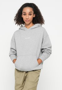 Grau-gestreifter Kapuzenpullover aus hochwertigem Stoff, mit einer Kängurutasche und gerippten Bündchen. Logo-Text auf der Brust. Lässiger Schnitt.