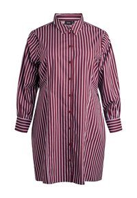 Bordowa i biała pionowo prążkowana koszula z guzikami, z kołnierzykiem, długimi rękawami i mankietami. Wykonana z gładkiego materiału.