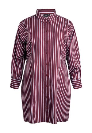 Burgundská a bílá vertikálně pruhovaná košile s límečkem, dlouhými rukávy a manžetovými detaily. Vyrobena z hladkého materiálu.