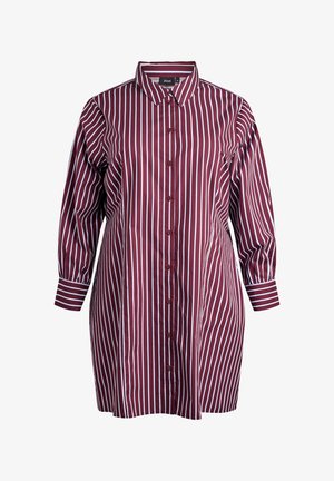 Camicia button-up a righe verticali bordeaux e bianche, con colletto, maniche lunghe e dettagli ai polsini. Realizzata in un tessuto liscio.