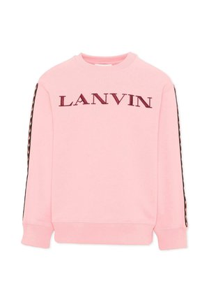 Różowa bluza z długim rękawem z czerwonym logo LANVIN na piersi i wzorzystymi paskami na rękawach.