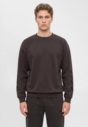 Ung mand med lysebrunt hår iført en mørkebrun sweatshirt og matchende bukser, der står mod en ensfarvet lys baggrund.