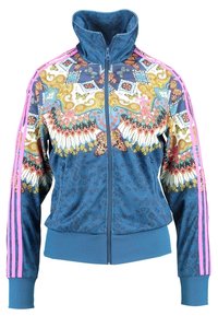 Blue zip-up jacket with floral and geometric patterns, high collar, and pink stripes on sleeves. Features a textured fabric design.