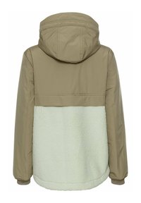 Khaki kurtka z kapturem z miękką, jasnoszara dolną częścią z polarowego materiału, z gładką górną częścią i elastycznymi mankietami, zaprojektowana z myślą o ciepłocie.