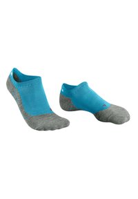 Zwei Paar Knöchel-Socken: eine in Blau und eine in Grau. Die blaue Socke hat eine glatte Textur, während die graue ein gemischtes Stoffdesign aufweist.
