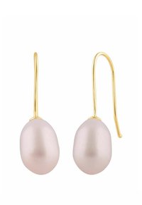 Náušnice so zlatým háčikom s veľkými ružovými oválnymi perlami z sladkovodných vôd s hladkým, lesklým povrchom. Minimalistický dizajn.