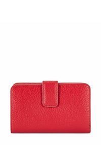 Czerwony skórzany portfel o teksturowanym wykończeniu, prostokątnej formie i zapięciu na klapkę na froncie. Brak widocznych elementów metalowych lub dodatkowych wzorów.