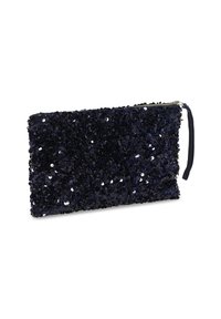 Clutch de culoare albastru marin, cu paiete, dotat cu închidere cu fermoar și curea pentru încheietură. Suprafață texturată cu paiete strălucitoare care reflectă lumina. Formă rectangulară.