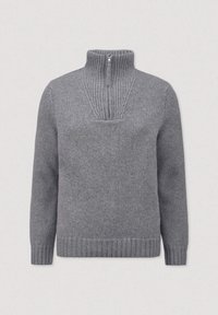Grauer Wollpullover mit halbgeschütztem Kragen, gerippten Details am Hals und Saum. Mit langen Ärmeln und lockerem Sitz.
