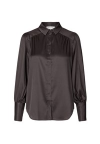 Dark brown, long-sleeve shirt in silk-like fabric with a classic collar, button front, gathered shoulders, and elastic cuffs.