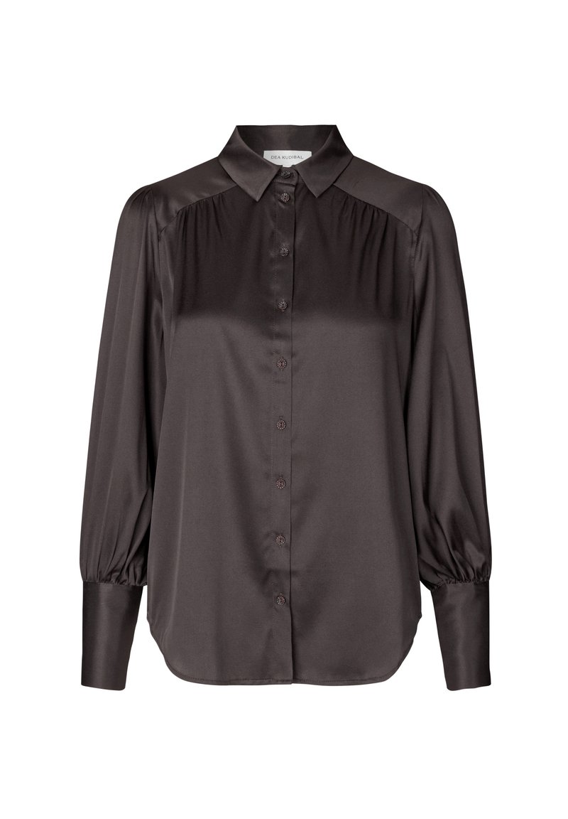Dark brown, long-sleeve shirt in silk-like fabric with a classic collar, button front, gathered shoulders, and elastic cuffs.