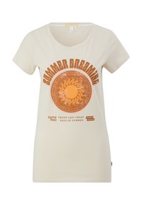 Camiseta de manga corta color crema con un gráfico frontal que presenta un diseño de sol y texto, fabricada en suave material de algodón.