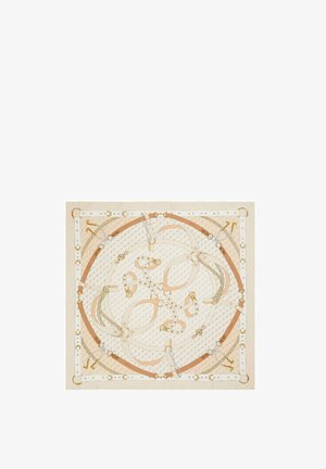 Seidenschal mit einem geometrischen Design aus miteinander verwobenen Bändern in Creme, Braun und Gold, mit filigranen Details und einem dezenten, gemusterten Hintergrund.