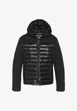 Giacca imbottita nera con chiusura a zip, dotata di cappuccio, tessuto trapuntato nella parte anteriore e tessuto liscio sulle maniche e sul retro.