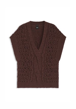 Hnědá pletená vesta bez rukávů s hlubokým výstřihem do V a složitými vzory copánků a krajky, označená značkou BOSS.