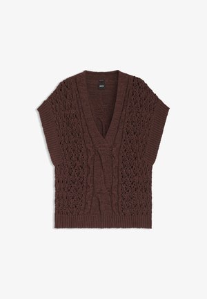 Hnědá pletená vesta bez rukávů s hlubokým výstřihem do V a složitými vzory copánků a krajky, označená značkou BOSS.