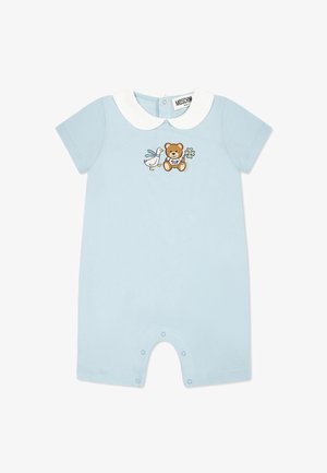Jasnoniebieski bawełniany kombinezon z białym kołnierzykiem. Ma nadruk niedźwiedzia i kaczki. Zapięcia na zatrzaski na dole ułatwiają zmianę.