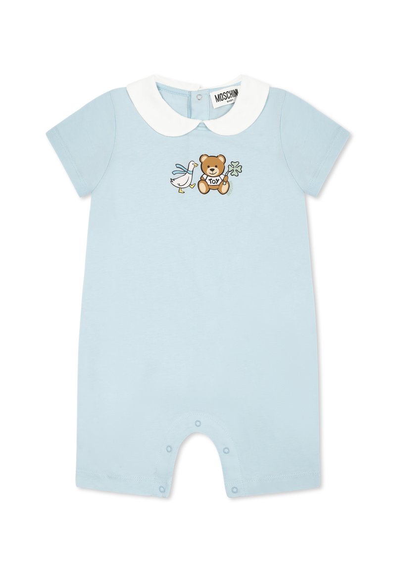 Romper di cotone azzurro chiaro con colletto bianco. Presenta una grafica di un orso e un'anatra. Chiusure a scatto nella parte inferiore per un cambio facile.