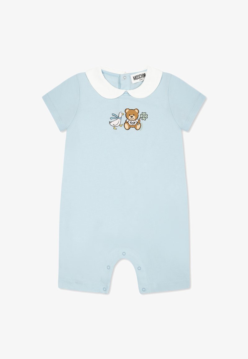 Lichtblauwe katoenen romper met een witte kraag. Heeft een afbeelding van een beer en een eend. Drukknopen aan de onderkant voor gemakkelijk verschonen.
