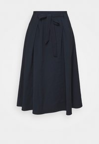 Gonna midi blu navy con cintura annodata. Realizzata in un tessuto morbido, presenta delle pieghe per una maggiore ampiezza e una silhouette fluida.