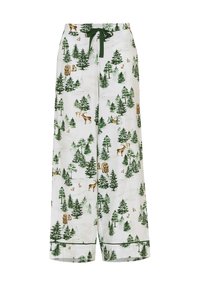 Pantalones de pierna ancha hechos de un tejido ligero, con un fondo blanco y patrones de bosque verde, ciervos y osos. Cintura con lazo.