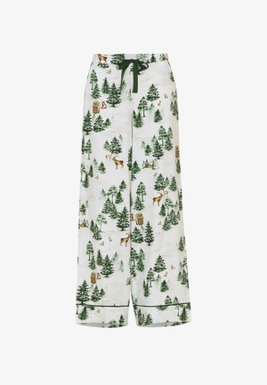 Wijduitlopende broek van een lichtgewicht stof, met een witte achtergrond waarop groene bospatronen, herten en beren zijn afgebeeld. Touwtjes bij de taille.
