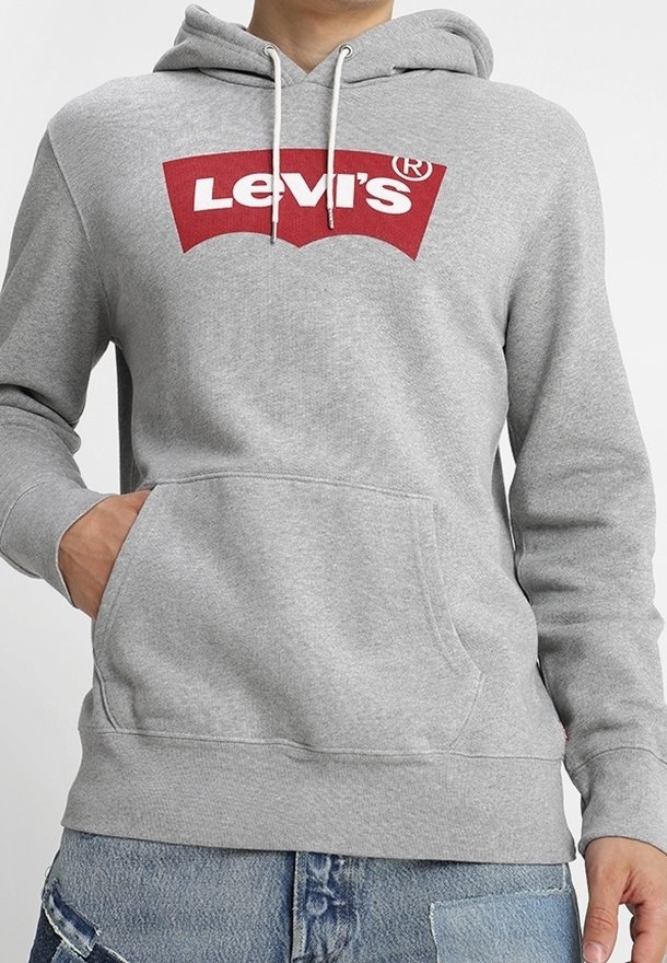 Personne portant un sweat à capuche gris Levi's avec un logo rouge sur la poitrine et un jean bleu, main dans la poche du sweat.